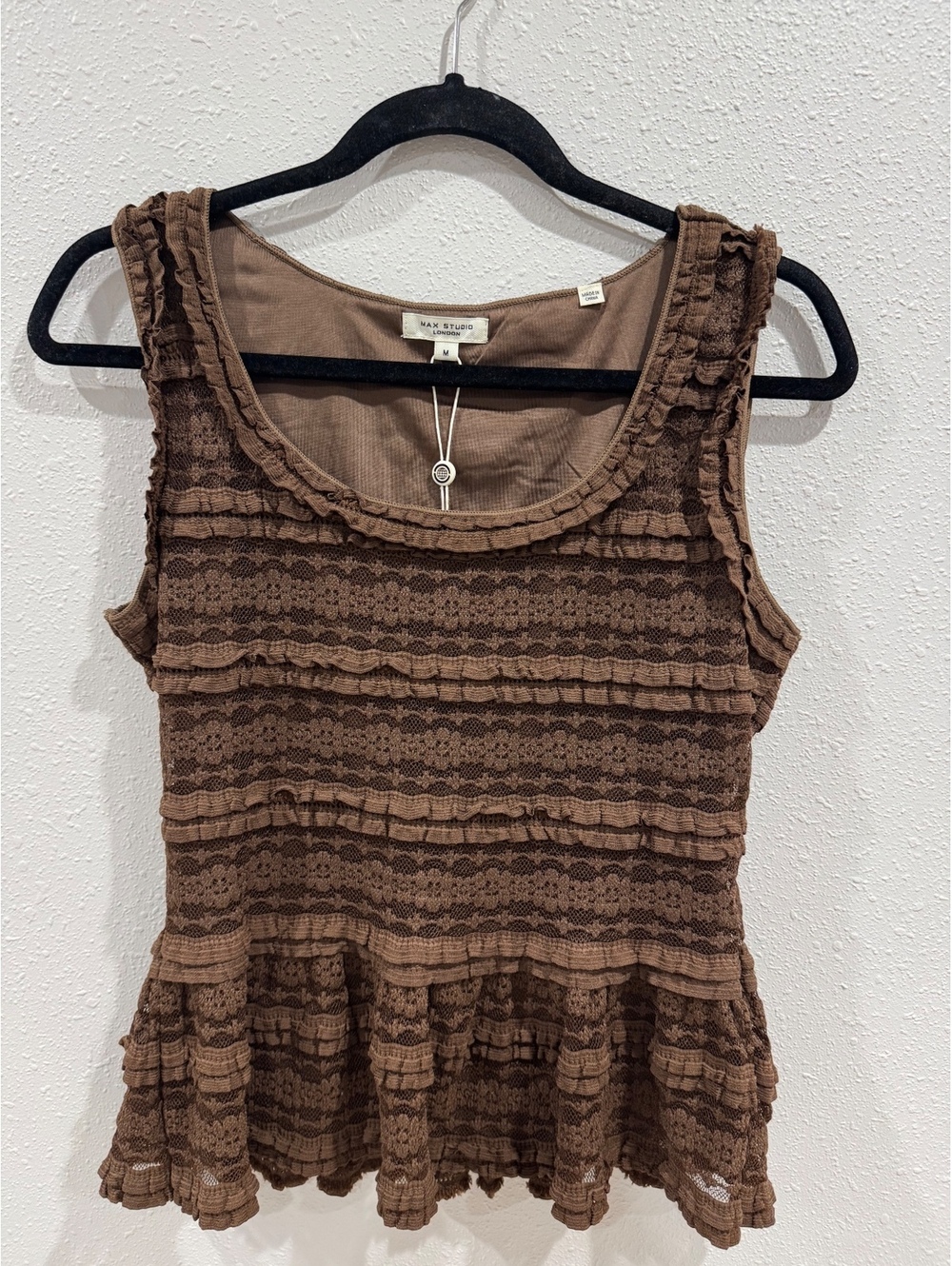 Max Studio London Brown Lace Ruffle Peplum Tank Top Size M